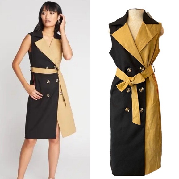 CHOOSY NWT Blackjack Two Tone Black Khaki Tan Trench Vest Dress Collared. Small - Picture 1 of 15